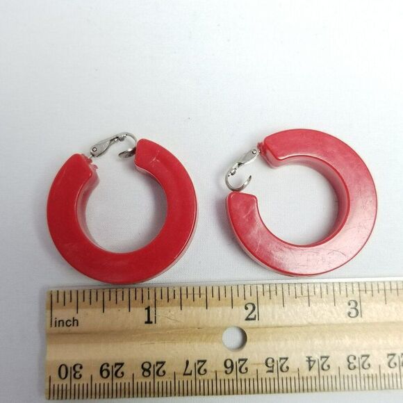 Vintage Wide Red Plastic Clip On Hoop Earrings, 60s 70s Style, Estate - Picture 4 of 5